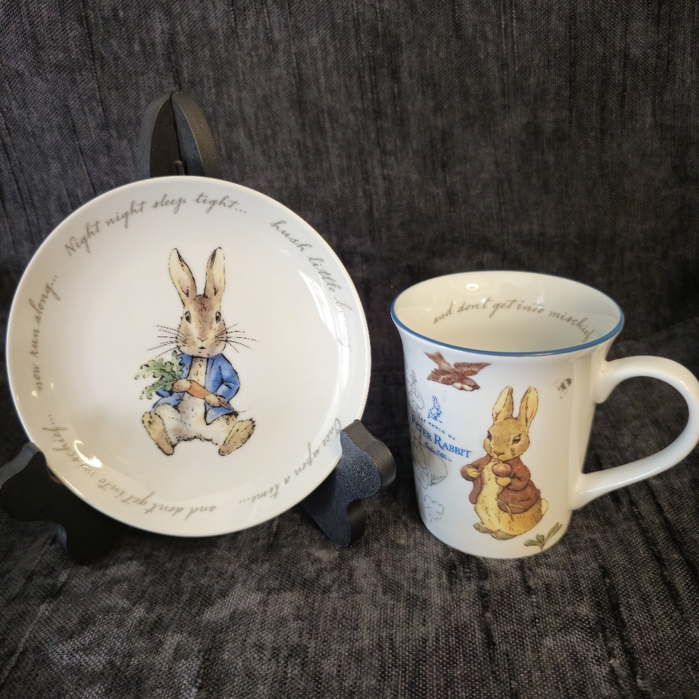 Beatrix Potter Peter Rabbit and Benjamin Bunny cup and plate set.